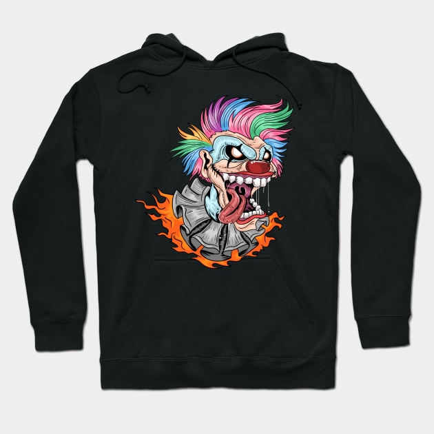 Laughing clown with rainbow colored hair and fire Hoodie by RockabillyM